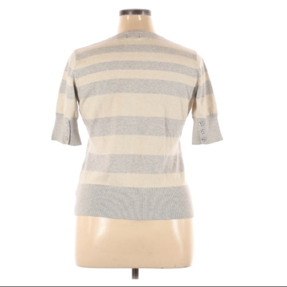 Kersh | Button Up Short Sleeve Stripped Top XL Gray Cream Color Vintage - Picture 2 of 9
